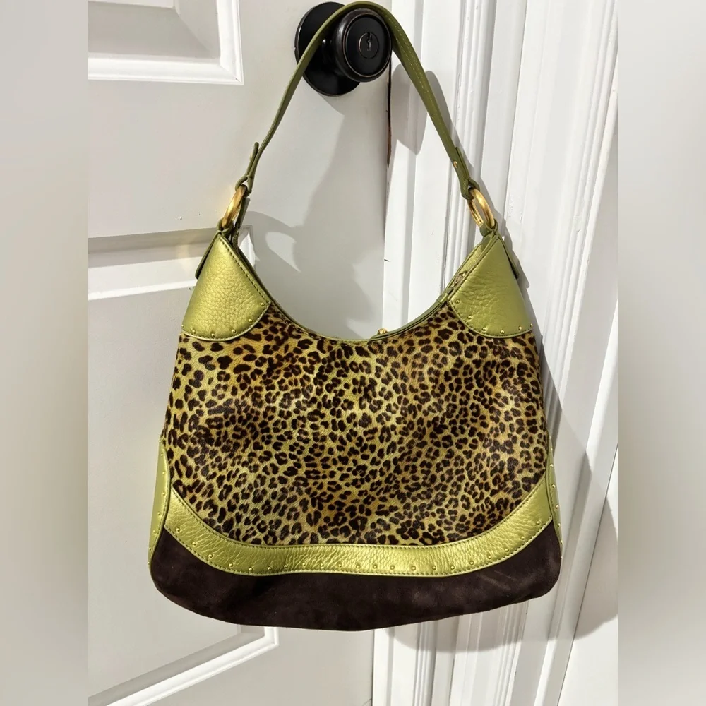 Cole Haan Stephanie Leopard Haircalf Hobo Bag Moss Green Leather NWT $395
